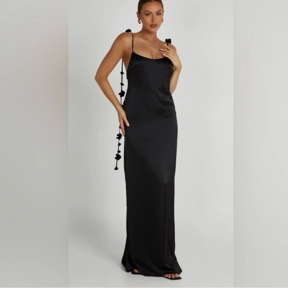 Meshki Dresses & Skirts - Meshki Elenora Black Rose Gown Satiny Backless Sm